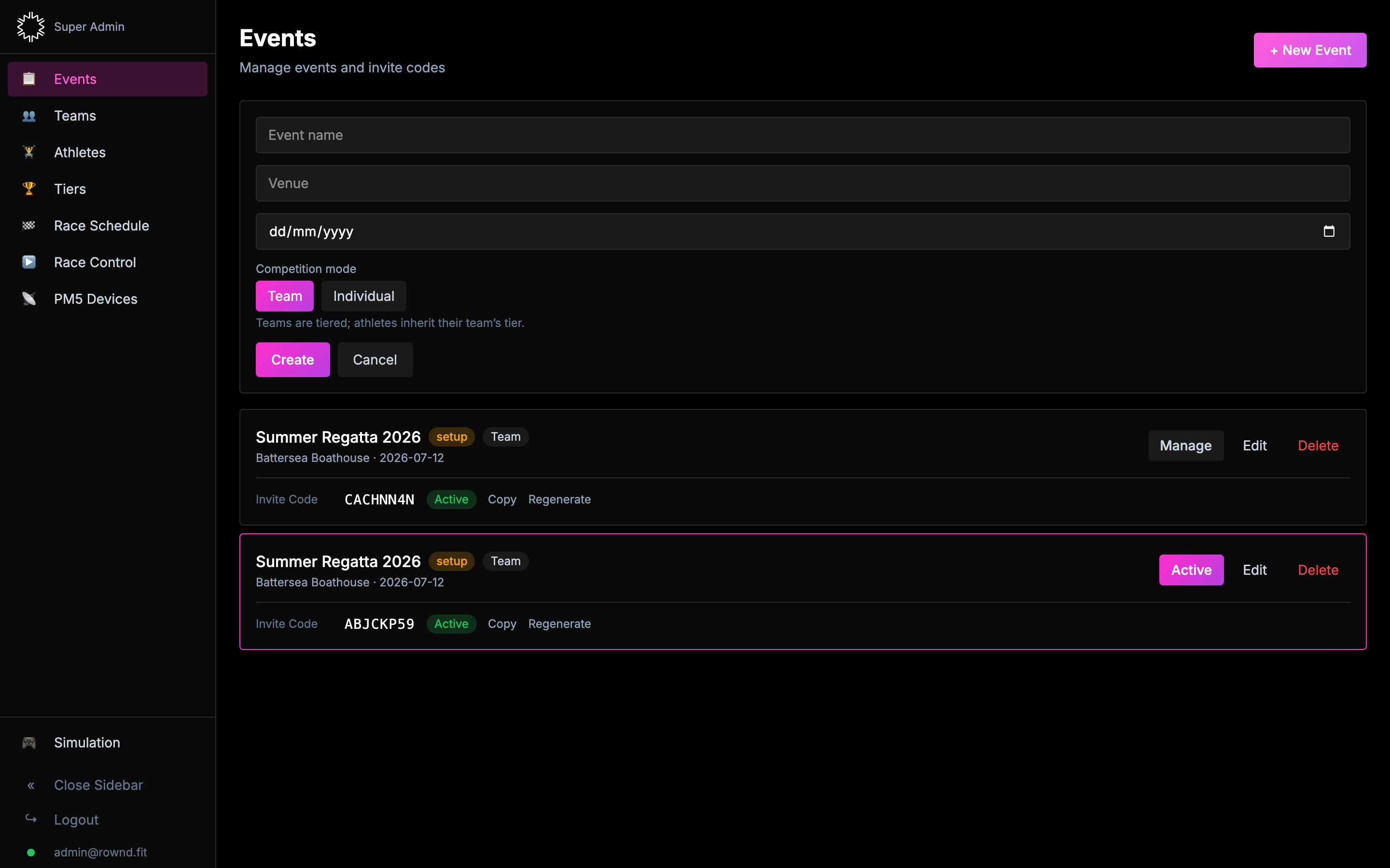 Events page with Create Event form open