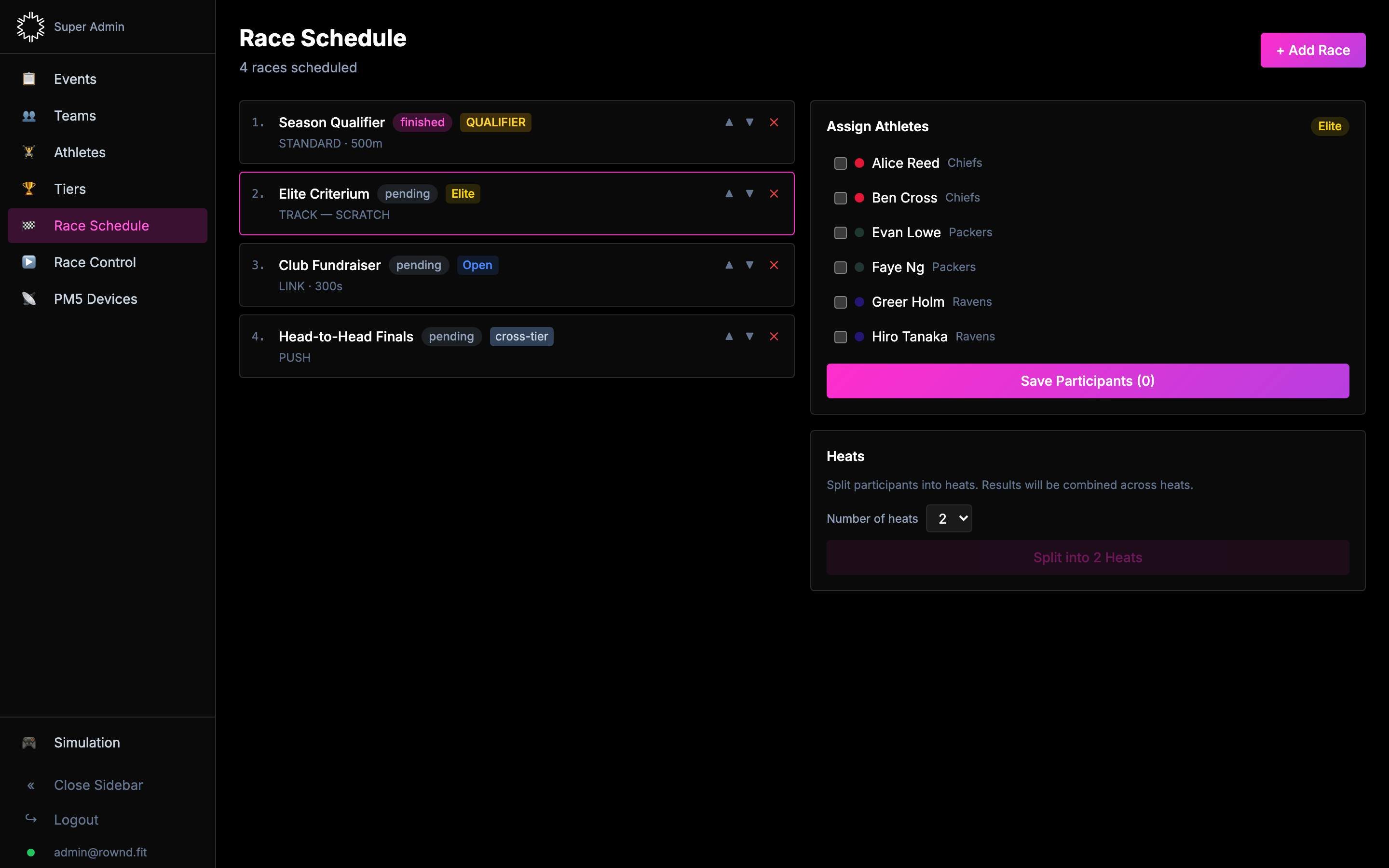 Participant picker filtered to Elite tier athletes