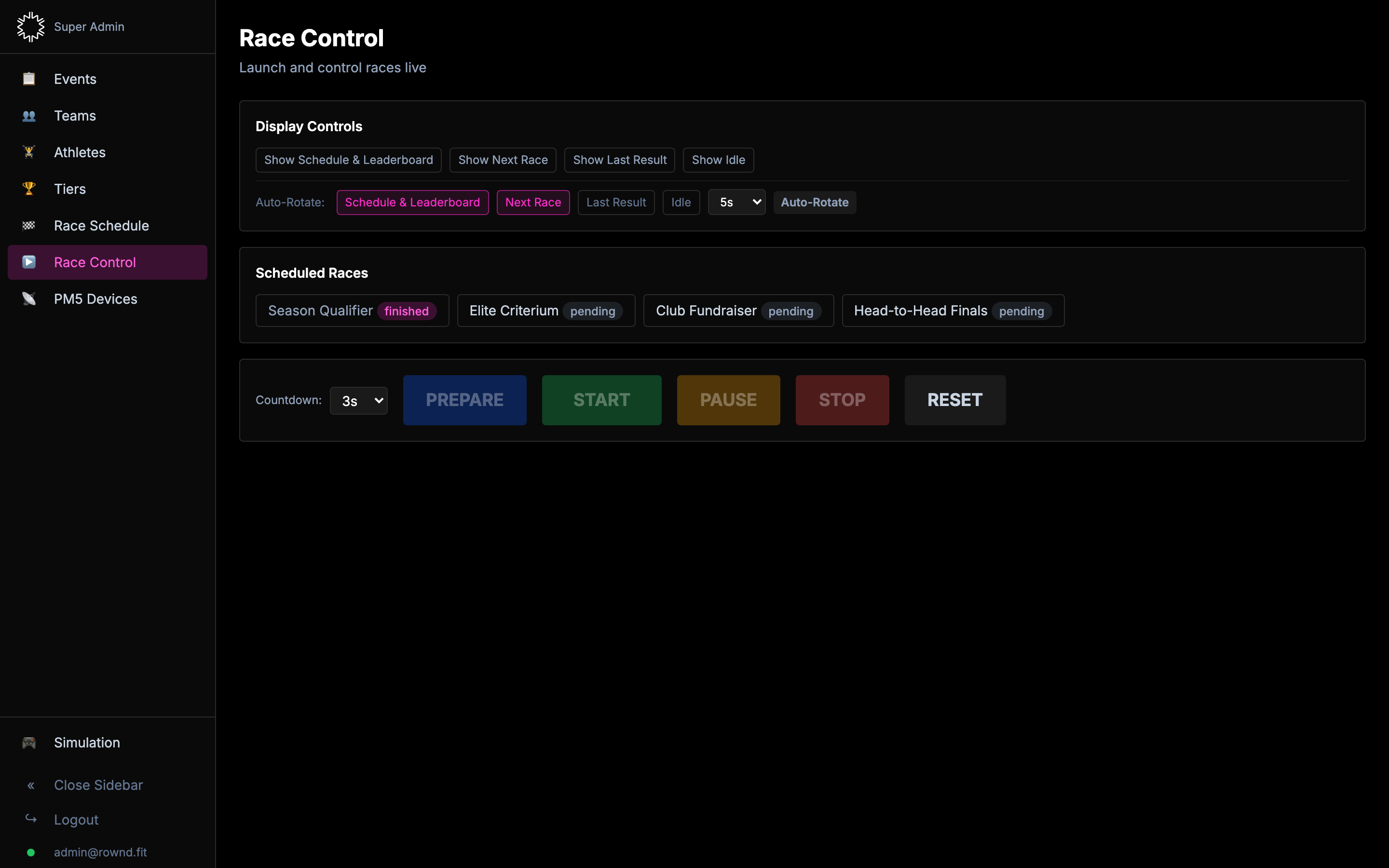 Race Control page with display controls and Prepare/Start/Stop buttons