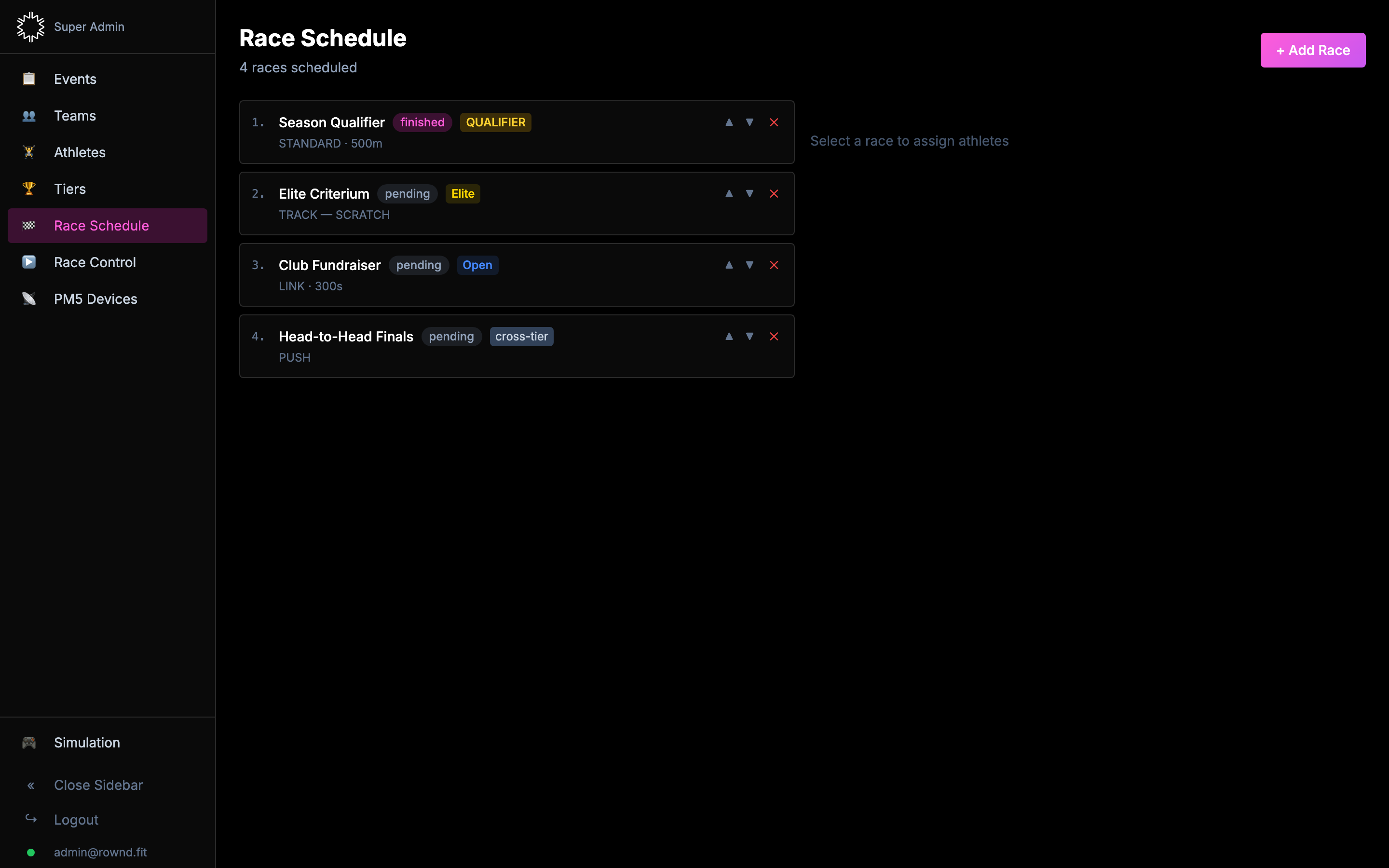 Race Schedule page listing four races with status, qualifier, and tier pills