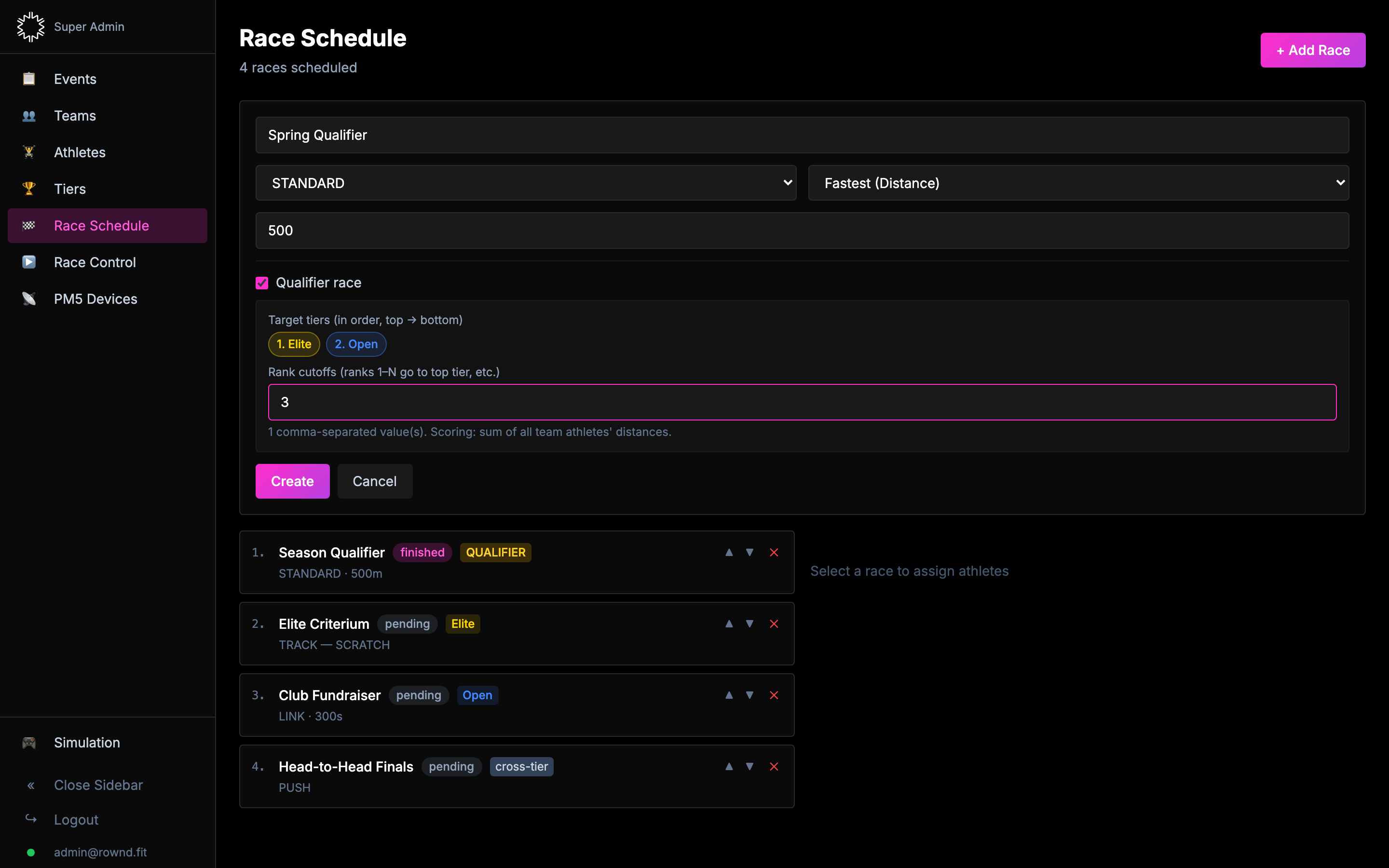 Race Schedule with Qualifier race form expanded