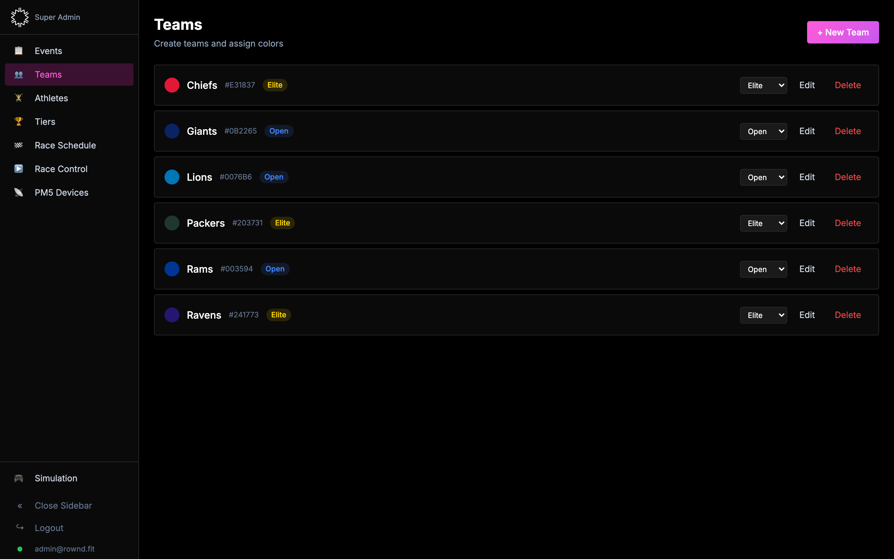 Teams page with team list and tier badges